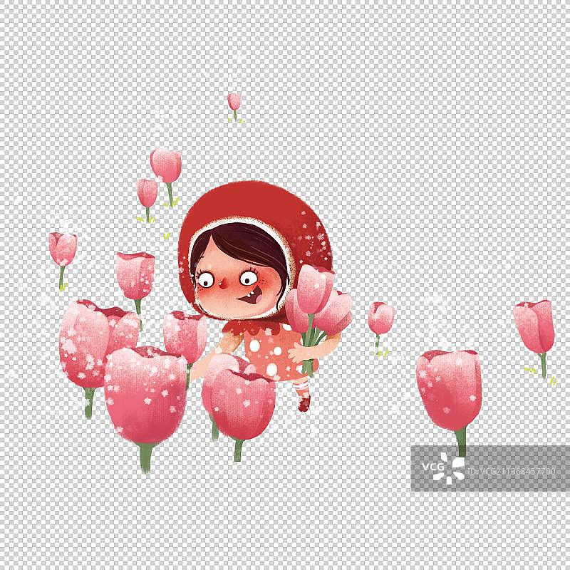 在花丛摘花的小女孩小红帽图片素材