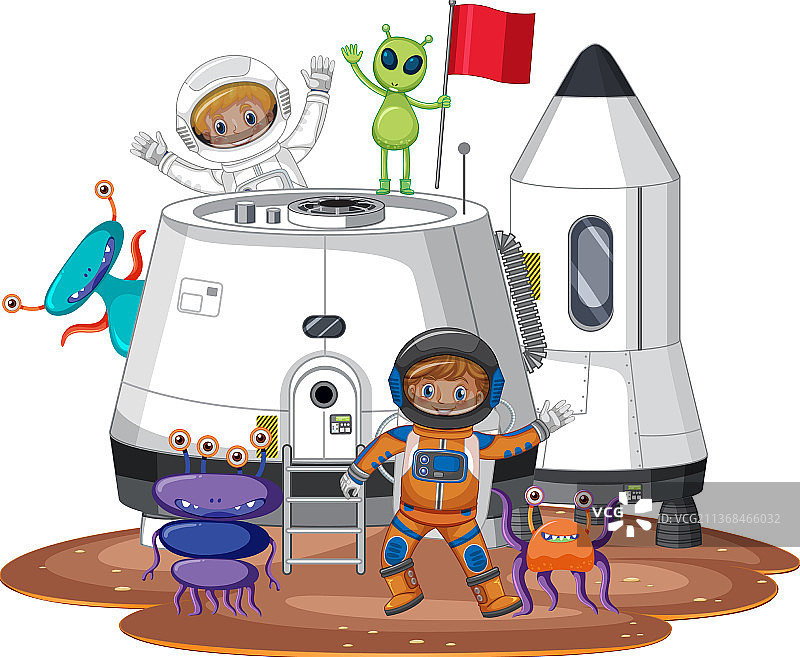 宇航员在行星地表与殖民建筑图片素材