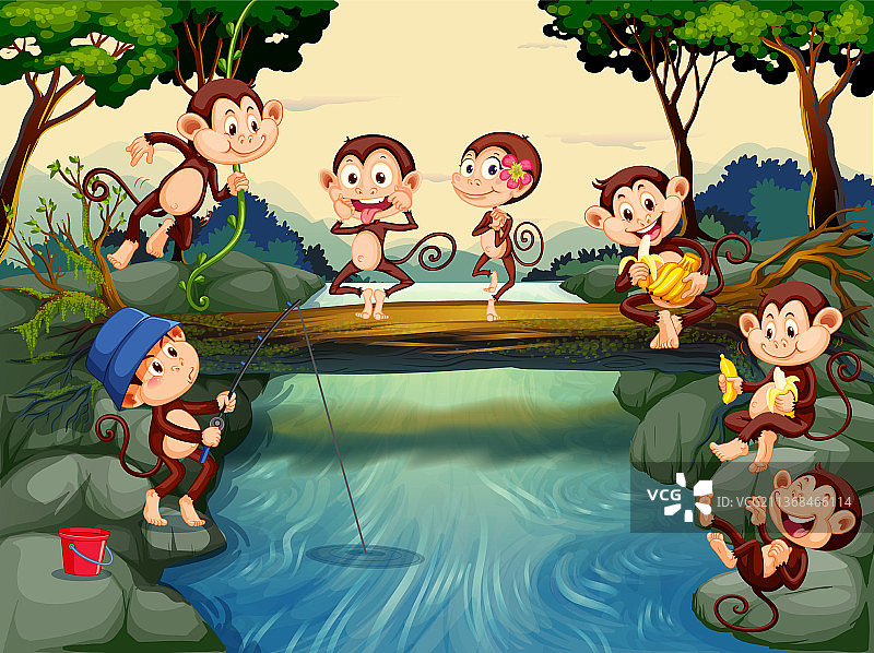 猴子卡通形象森林河流场景图片素材