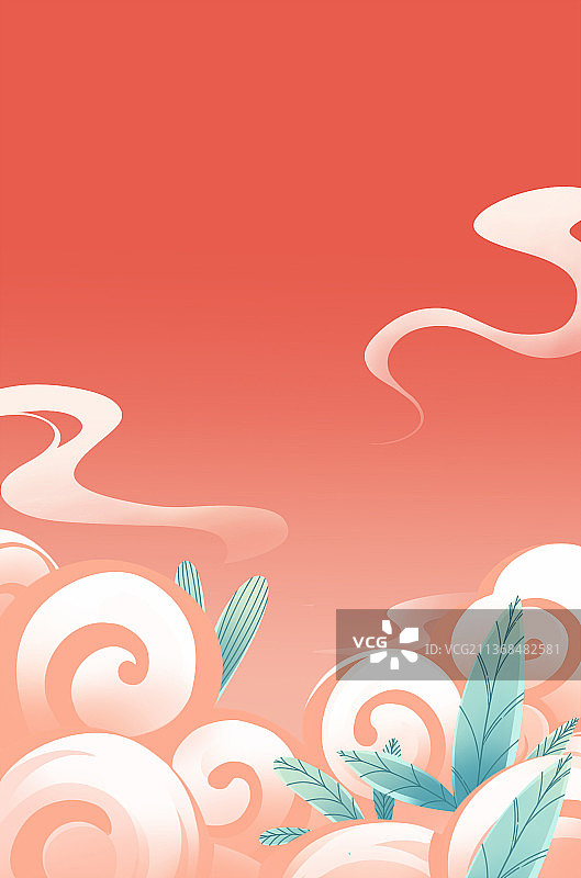 红色唯美国潮喜庆节庆插画背景，祥云与绿叶图片素材