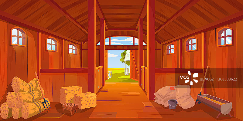 卡通农场马厩或谷仓内部与干草棚图片素材