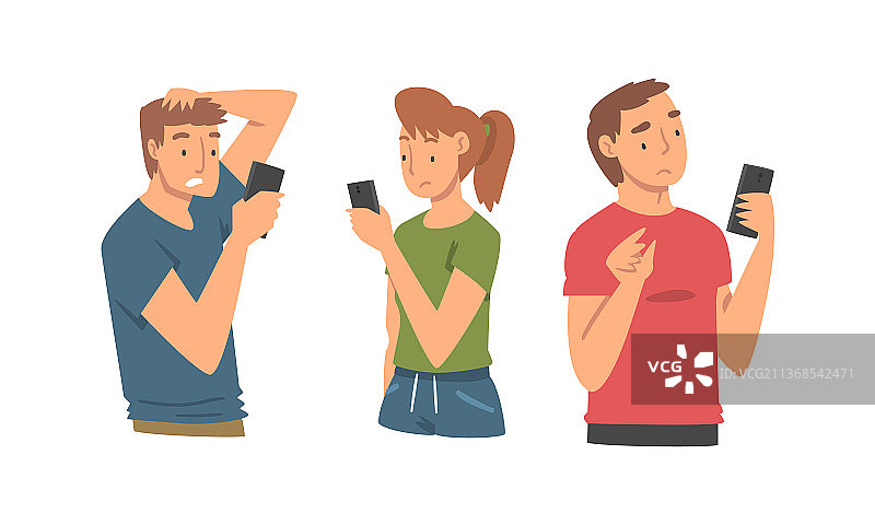 拿着智能手机感到沮丧的悲伤男女图片素材