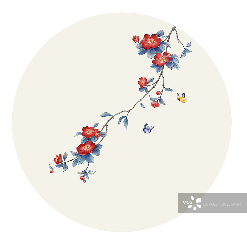 古风水彩花卉山茶花图片素材