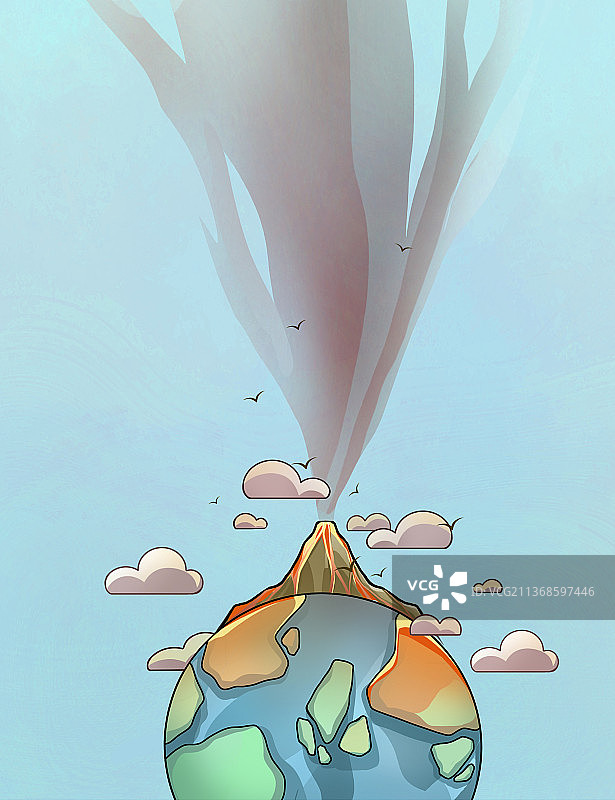 地球上火山冒出浓烟，卡通手绘自然生态插画图片素材