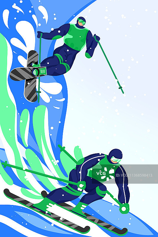 连贯动作双板滑雪竖版插画图片素材