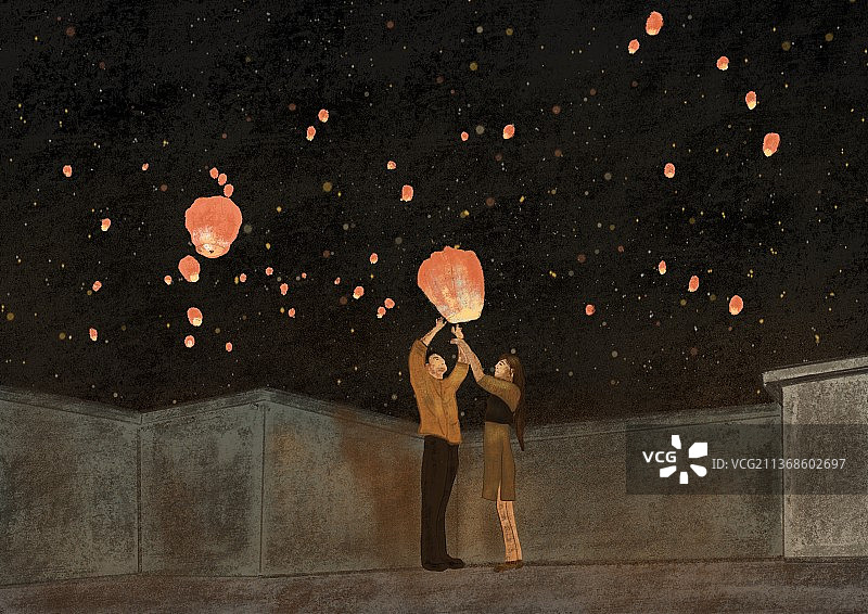 元宵节浪漫放天灯图片素材