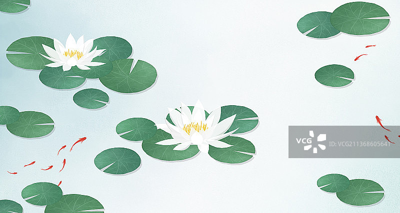 夏季池塘白莲花清新中式插画图片素材