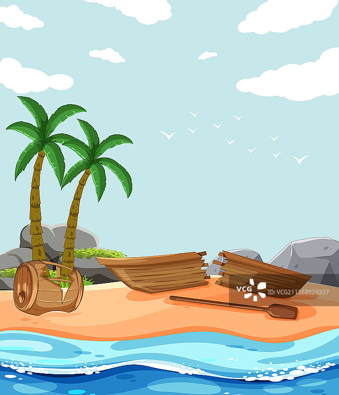 荒岛上，破船搁浅图片素材