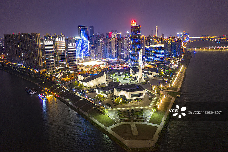 航拍长沙北辰三角洲三馆一厅夜景图片素材