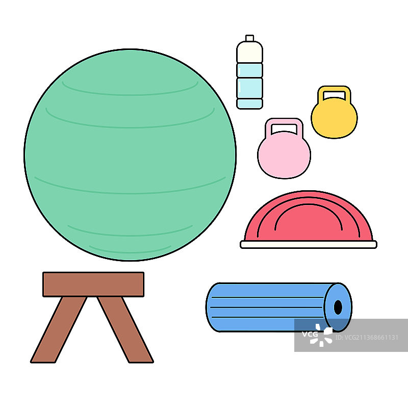 瑜伽球壶铃等运动器材矢量插画元素图片素材