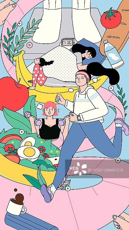 运动的女孩和食物健康主题矢量描边插画图片素材