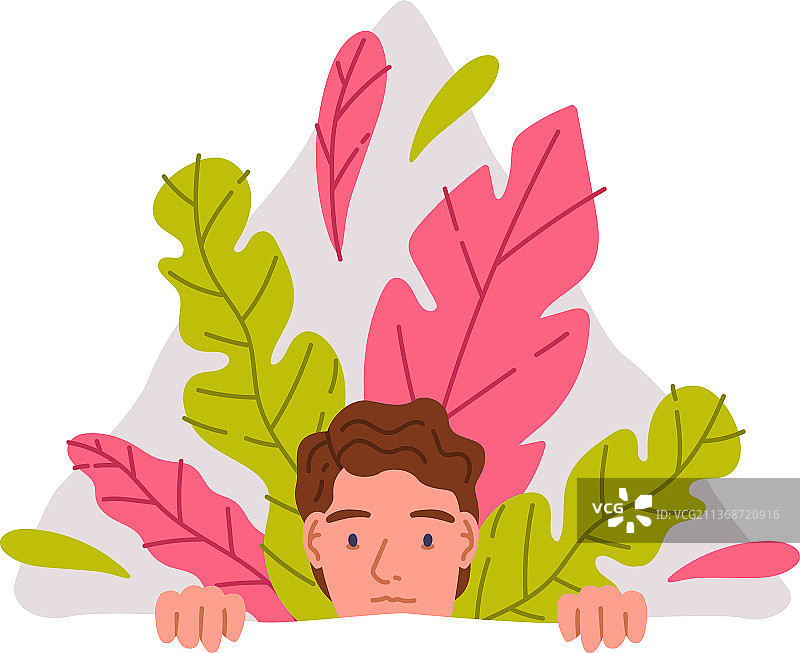 微笑男人在彩色背景的窗户后方向外看图片素材