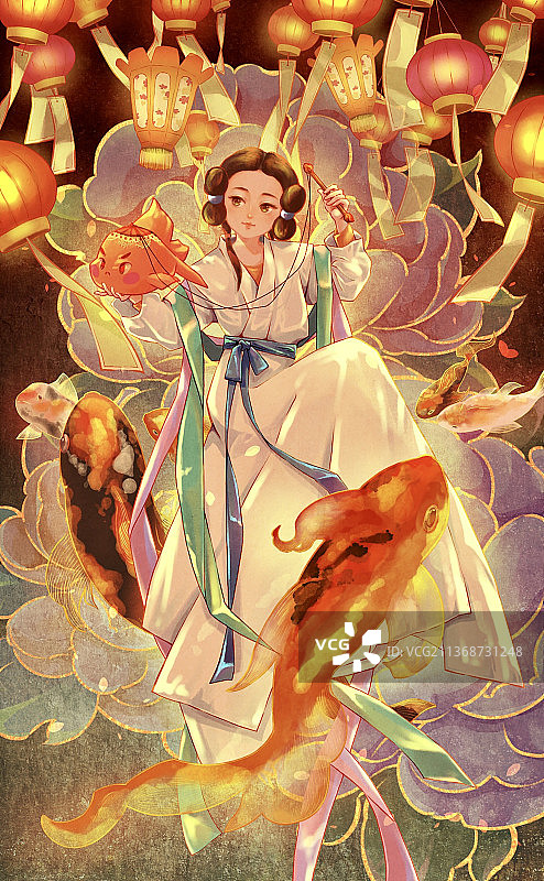 提金鱼灯的古风少女图片素材