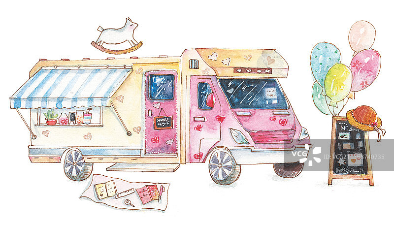 白色背景下的玩具卡车小卖部售卖特写镜头图片素材