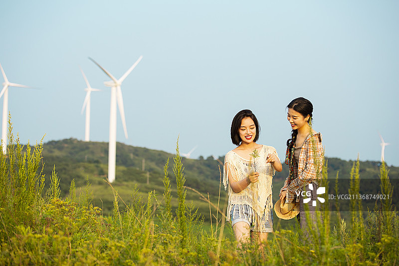 年轻闺蜜户外郊游，路边采花图片素材