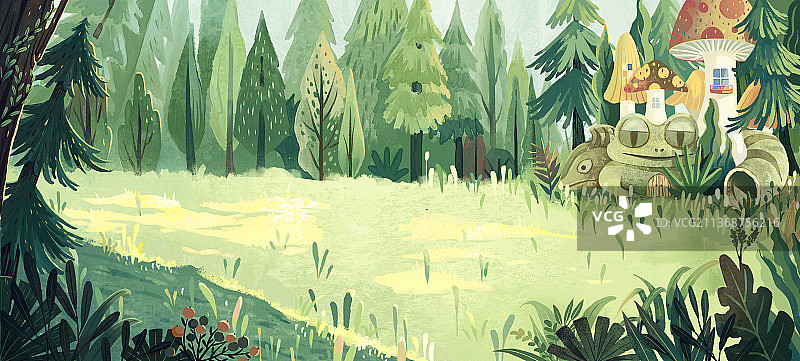 奇幻森林里有蘑菇青蛙和蜥蜴形状的房子图片素材