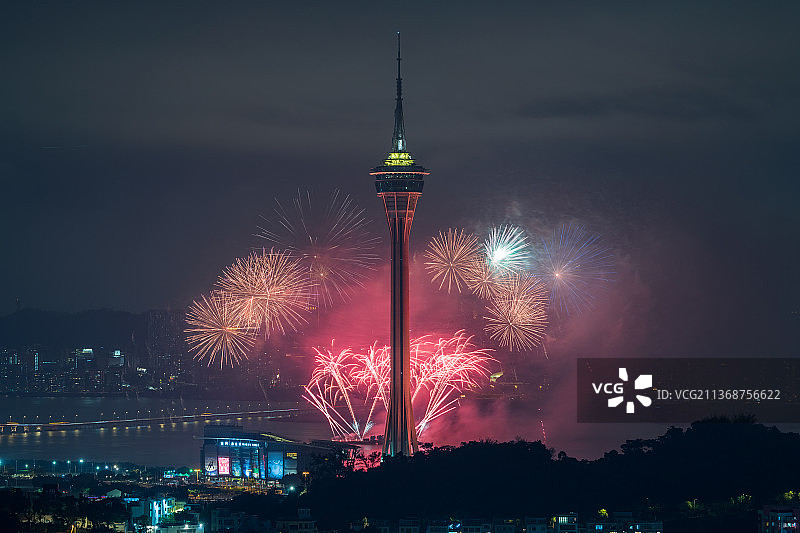 澳门塔放烟花庆祝新年城市风光夜景图片素材