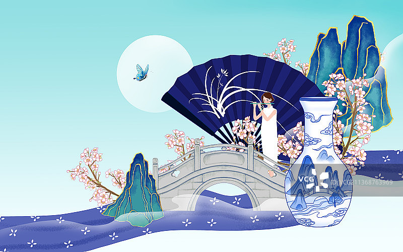 女子吹笛青花瓷折扇西桥山花图图片素材