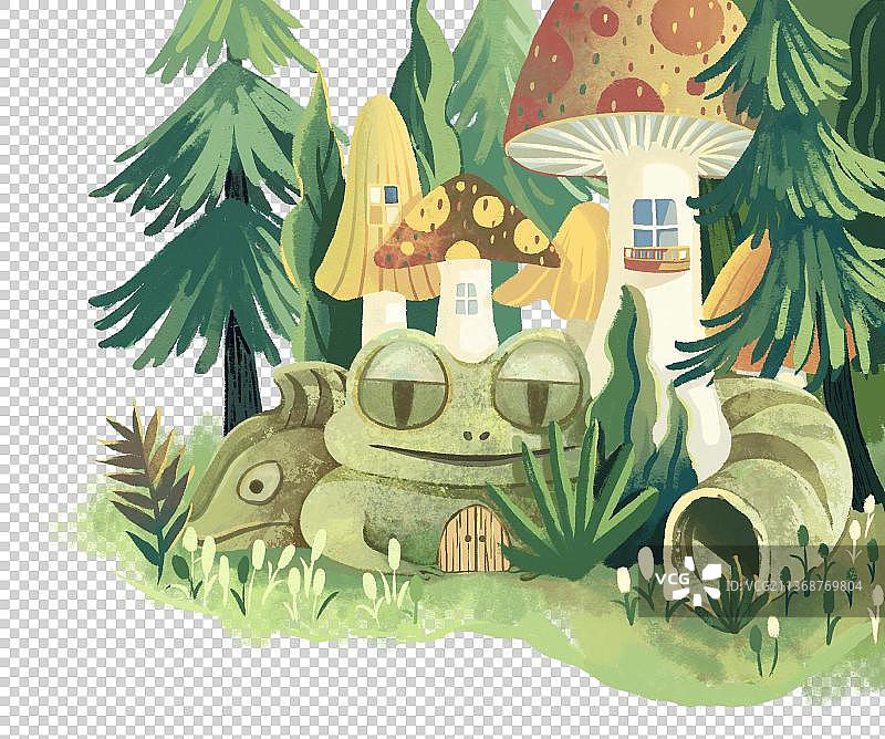 奇幻森林里的青蛙石屋和蘑菇房子图片素材