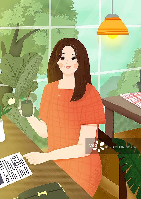 假期室内餐厅享受生活喝茶喝咖啡的女孩图片素材