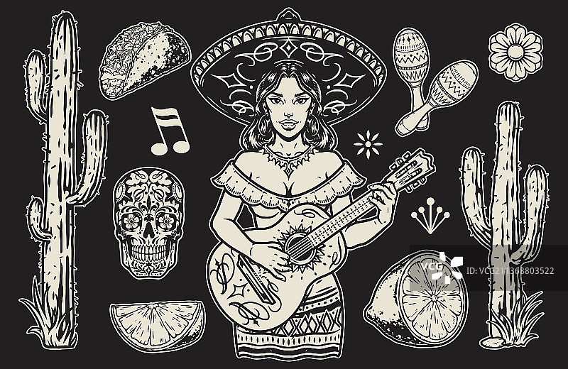 单色复古草帽女士套装图片素材