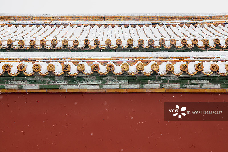 北京故宫的雪景，红墙，宫墙，琉璃瓦，屋檐，冬天，雪，中国文化，中国元素，国潮，中国风，门，墙图片素材