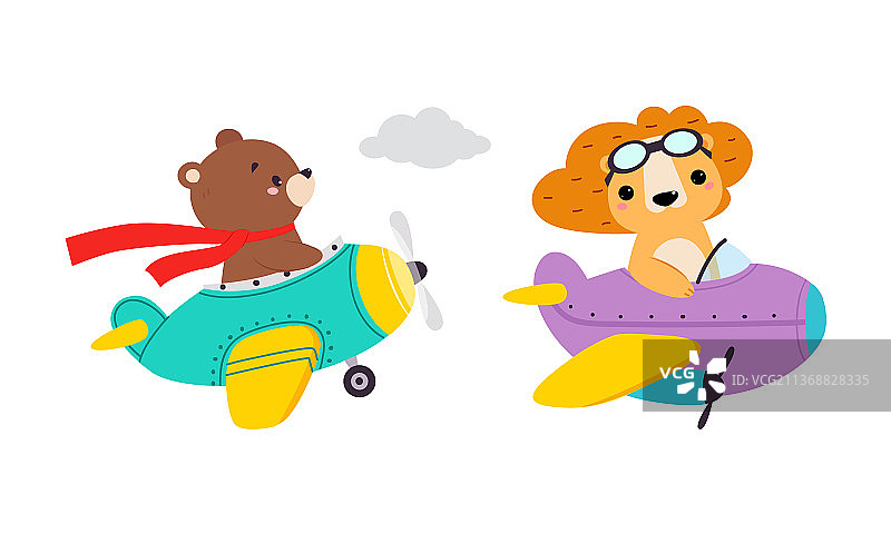 可爱的熊和狮子乘坐飞机图片素材