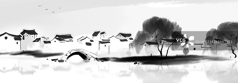 水墨江南水乡背景插画图片素材