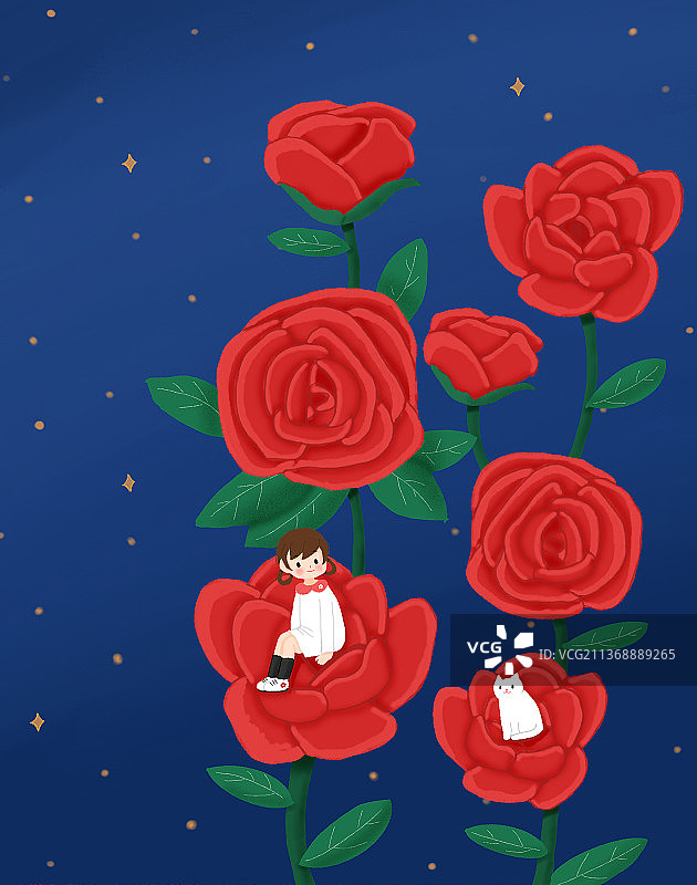 坐在玫瑰花上的女孩和猫图片素材