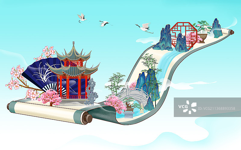 卷轴山水园林飞鹤图图片素材