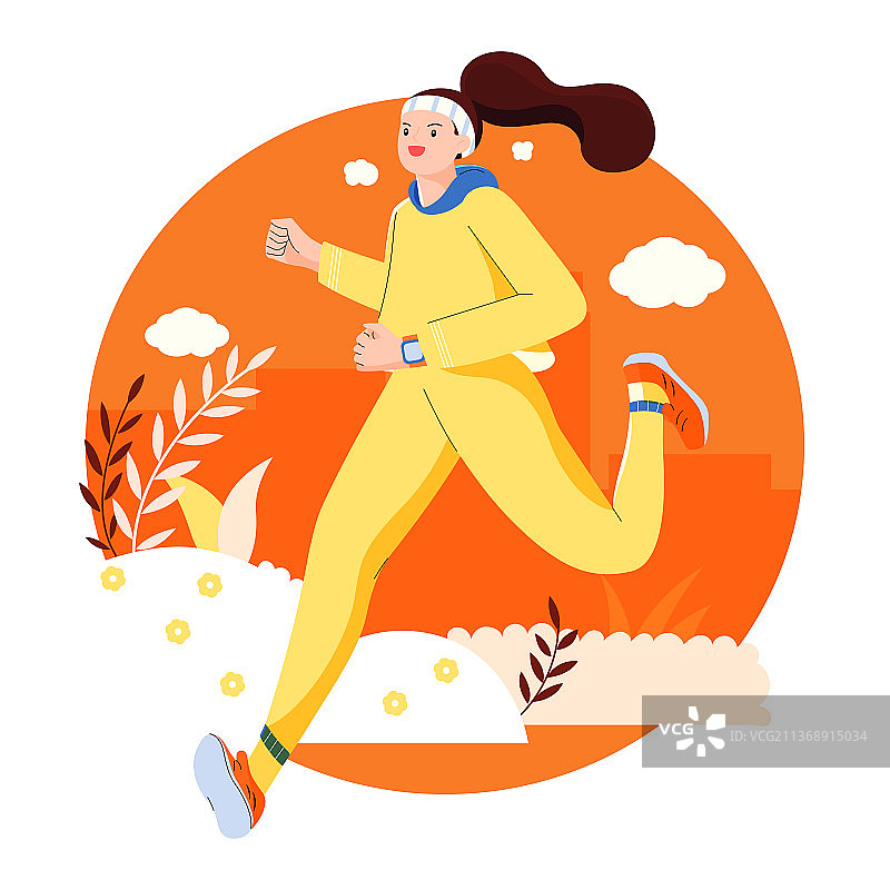 女孩开心跑步矢量描边插画图片素材