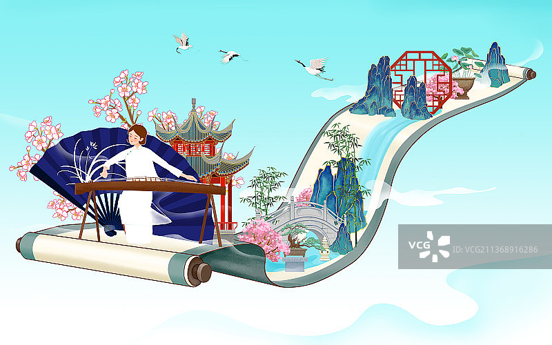 国风古筝演奏画卷图图片素材