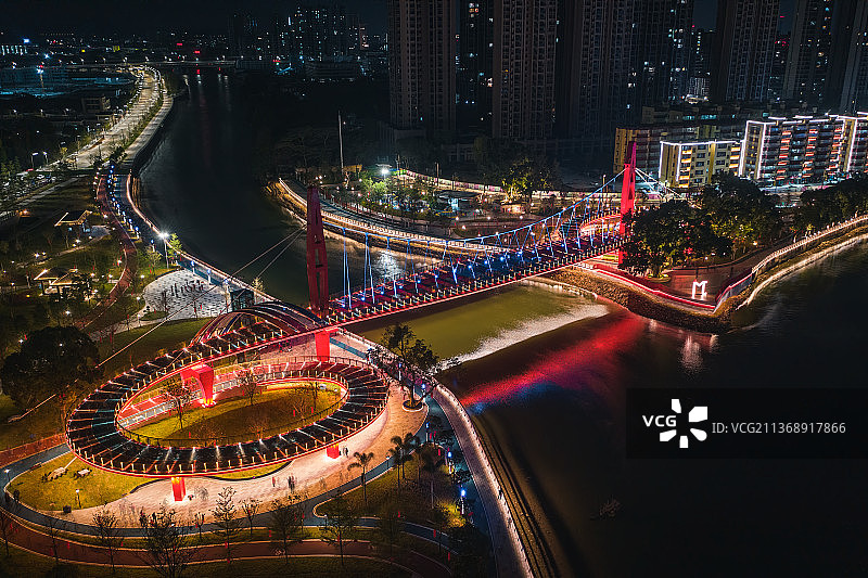 江门下沙公园文昌沙公园天桥夜景航拍图片素材