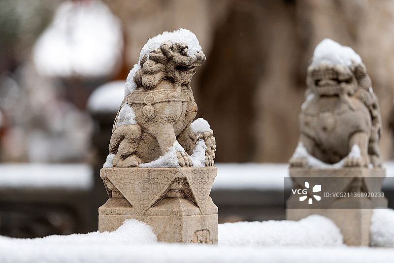 雪后故宫御花园石狮头顶戴雪的唯美雪景图片素材