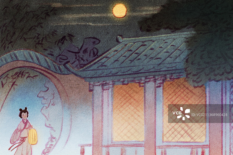 古代大观园丫鬟提灯笼月光下场景插画图片素材