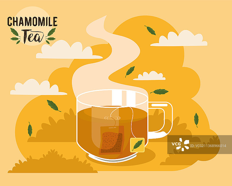 带有玻璃杯的洋甘菊茶字样图片素材