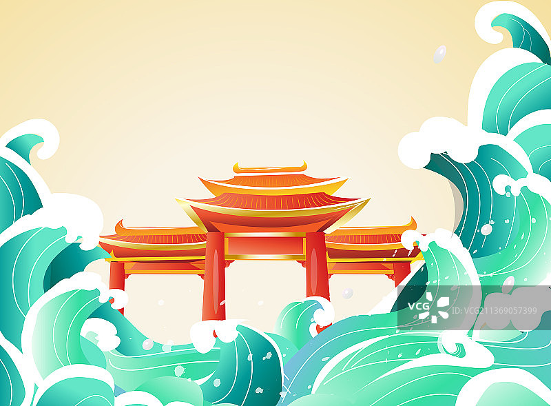 中国古建筑龙门立于海上矢量图图片素材