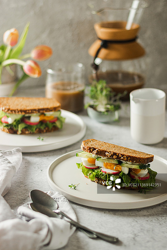健康的天然春季早餐或早午餐三明治图片素材