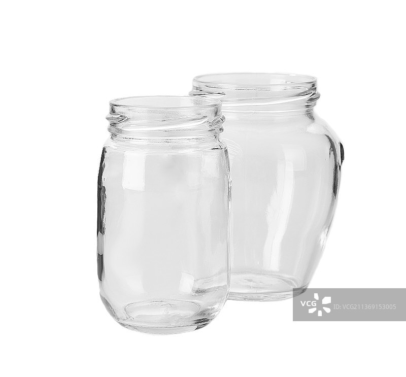 两个打开的空玻璃罐特写，白色背景，摩尔多瓦图片素材