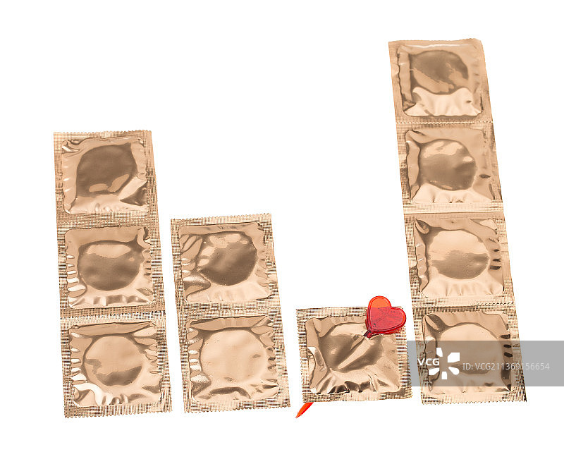 金色避孕套与心形别针，白色背景下的泡罩包装特写，摩尔多瓦图片素材