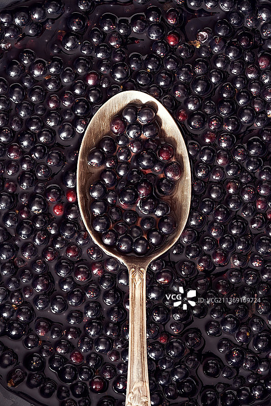 金属勺上的新鲜黑接骨木浆果，用于制作糖浆图片素材