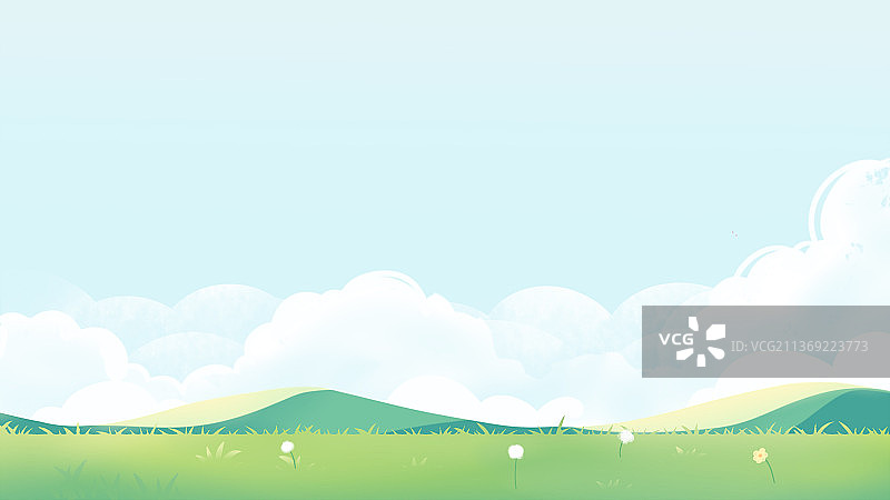 绿色卡通春季通用插画背景，草地与蓝天图片素材