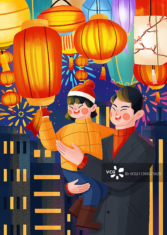 正月十五元宵节爸爸带女儿看灯图片素材