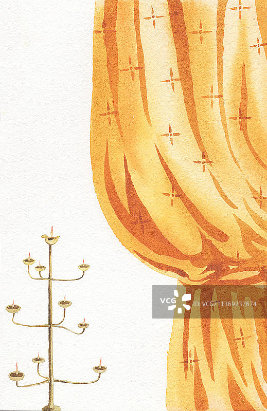 古风手绘帘账及青铜灯图片素材