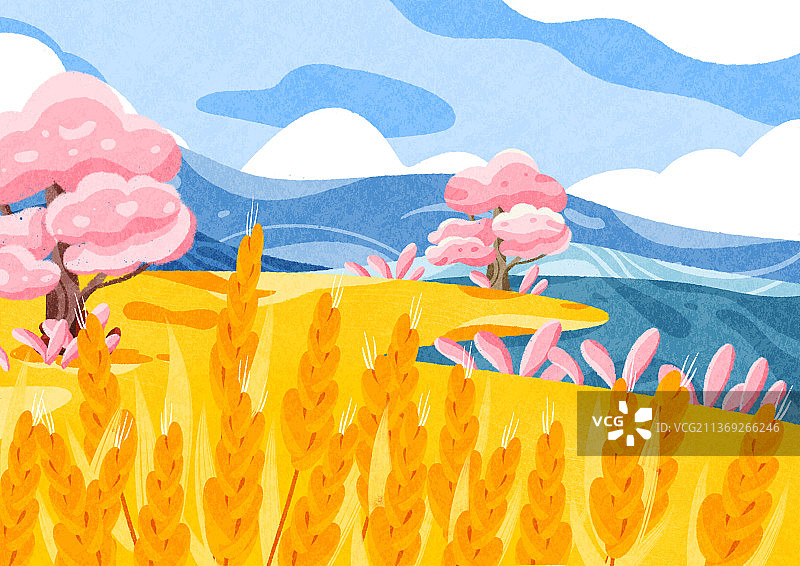 蓝粉色插画风景图片素材