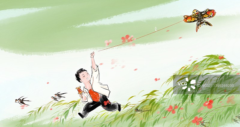 春天乡村小孩在户外玩得很开心放风筝图片素材