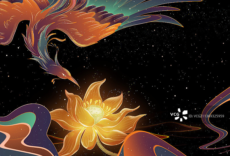 凤凰与荷花插画图案图片素材