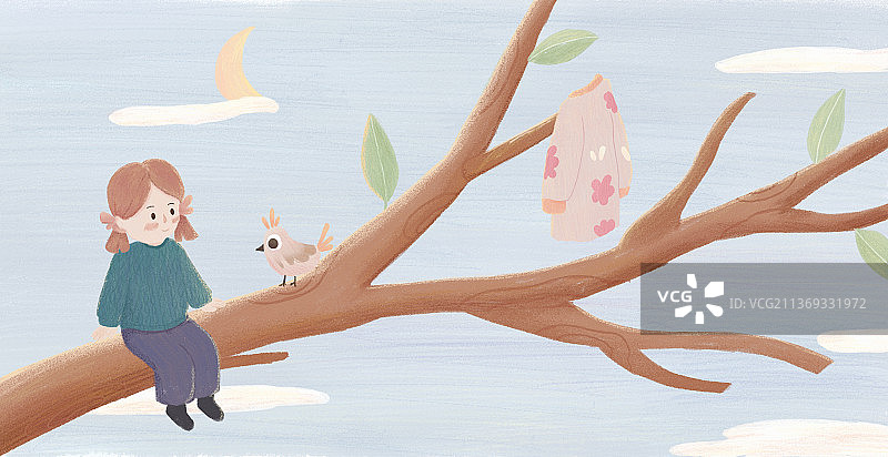 女孩天空向往自由绘本插画图片素材