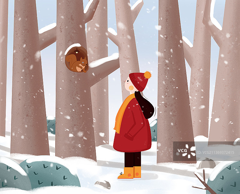 大寒冬至冬天下雪天女孩森林偶遇小松鼠图片素材