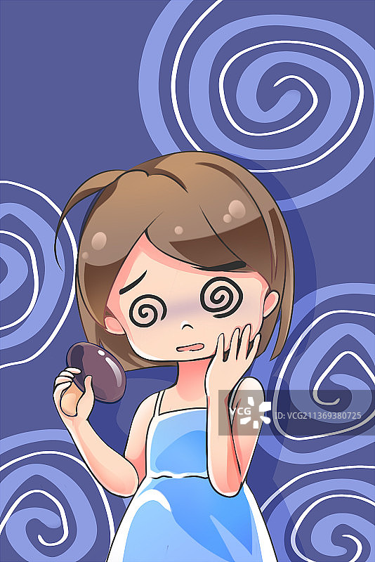 蓝色动漫卡通教育类插画，小女孩误食毒蘑菇导致头晕中毒图片素材
